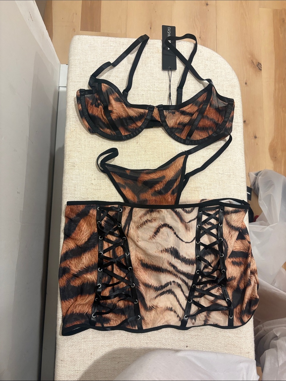 Fashion Nova Tiger-Print Lace-Up Lingerie Set in Brown and Black